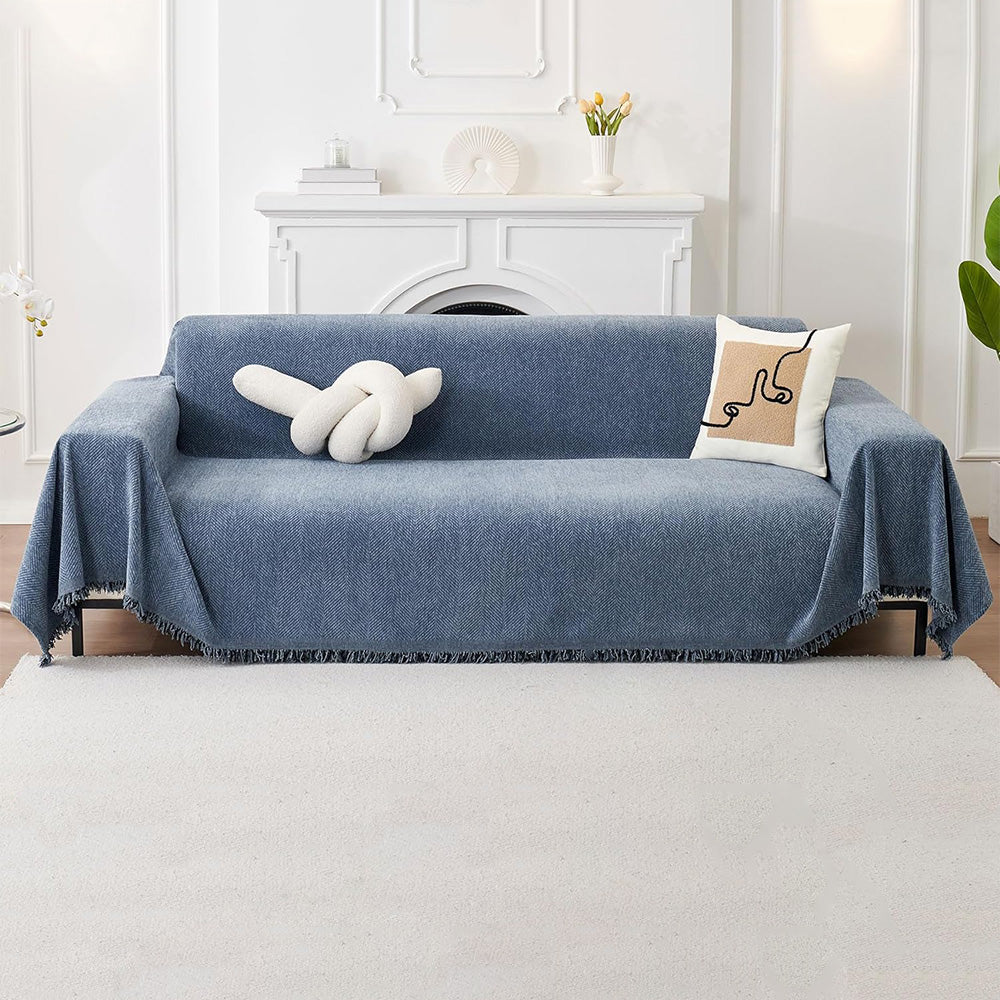 Herringbone Tassel Sofa Throw Cover Large Blanket for Couch Furniture Protector-Blue