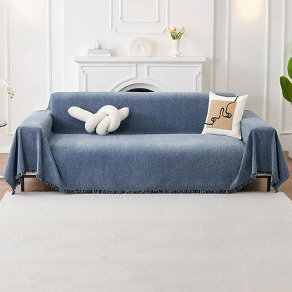 Herringbone Tassel Sofa Throw Cover Large Blanket for Couch Furniture Protector-Blue