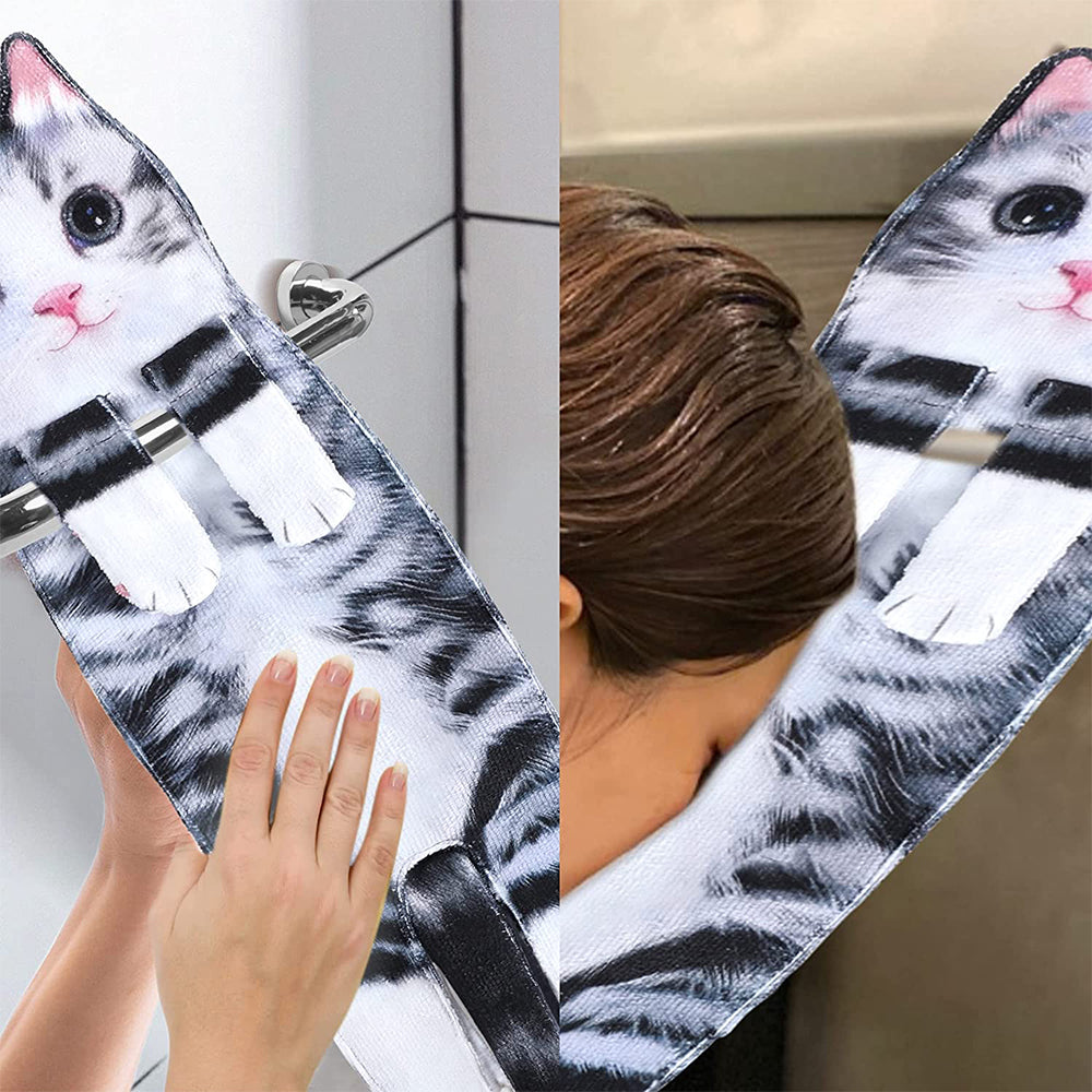 Cute Cat Quick-Dry Hanging Hand Towels Decorative for Bathroom Kitchen-Black white