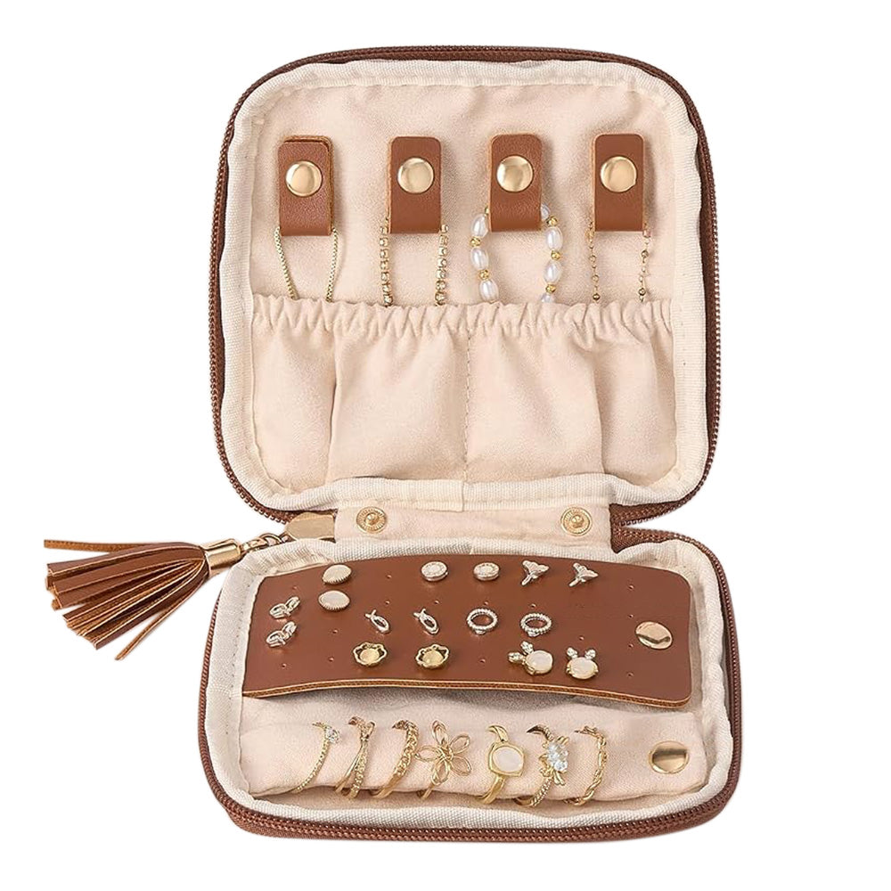 PU Leather Travel Jewelry Organizer Bag with Velvet Lining - Camel