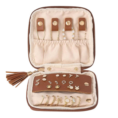 PU Leather Travel Jewelry Organizer Bag with Velvet Lining - Camel