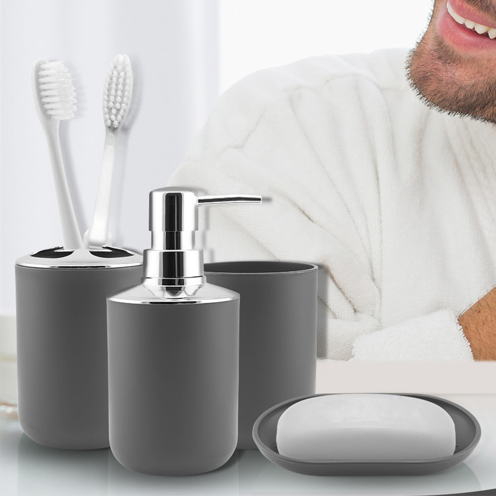 6 Piece Bathroom Accessories Set Soap Dish Soap Dispenser Toothbrush Holder Toilet Brush Trash Bin-Grey