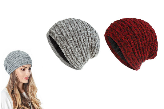 2Pcs Men Women Unisex Winter Warm Fleece Lined Slouchy Knit Beanie Hat-Grey And Red
