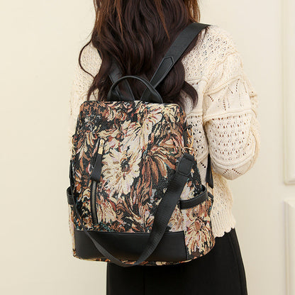 Printed Anti-theft Backpack Multifunctional Large Capacity Travel Bag Brown