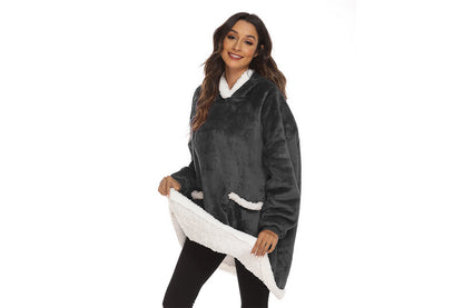 Multifunctional Wearable Blanket For Adult Sherpa Fleece Hooded Blanket Hoodie-Dark Grey
