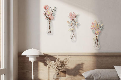 3Pcs Metal Flowers Wall Art Wall Decor Sculptures Hanging for Kitchen Living Room -Pink Flowers