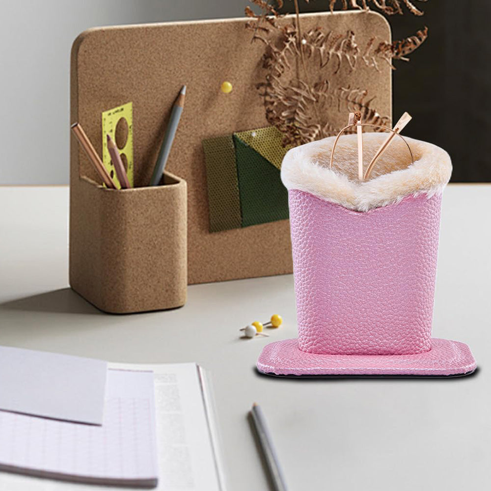 Soft Plush Lined Eyeglasses Desk Holder PU Leather Glasses Display Stand With Base-Pink