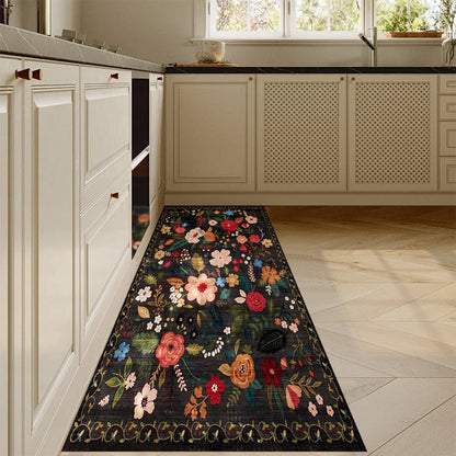 Floral Door Mat Non-slip Floor Mat for Entryway Kitchen Room Black