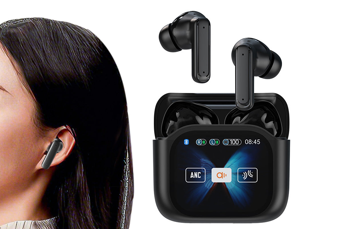 Bluetooth AI Translation Earbuds with LCD Touchscreen 150 Languages-Black