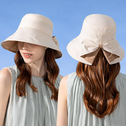 Wide Brim Bow Sun Hat Foldable Breathable Hat for Women - Beige