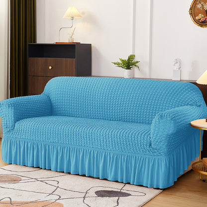 Seersucker Couch Cover with Ruffle Hemline Stretch Sofa Cover -Blue