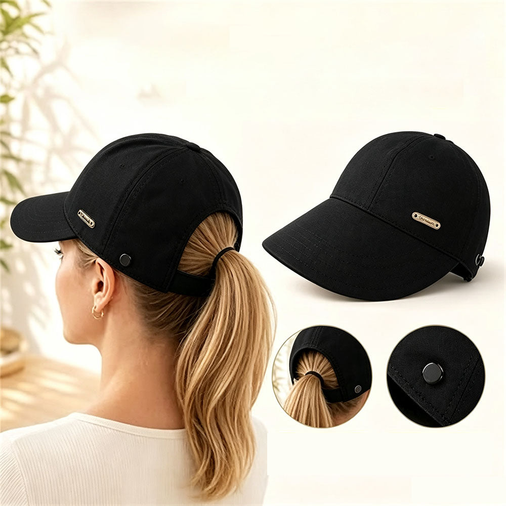 Wide Brim Quick Dry Sun Hat with Ponytail Opening and Hook - Black
