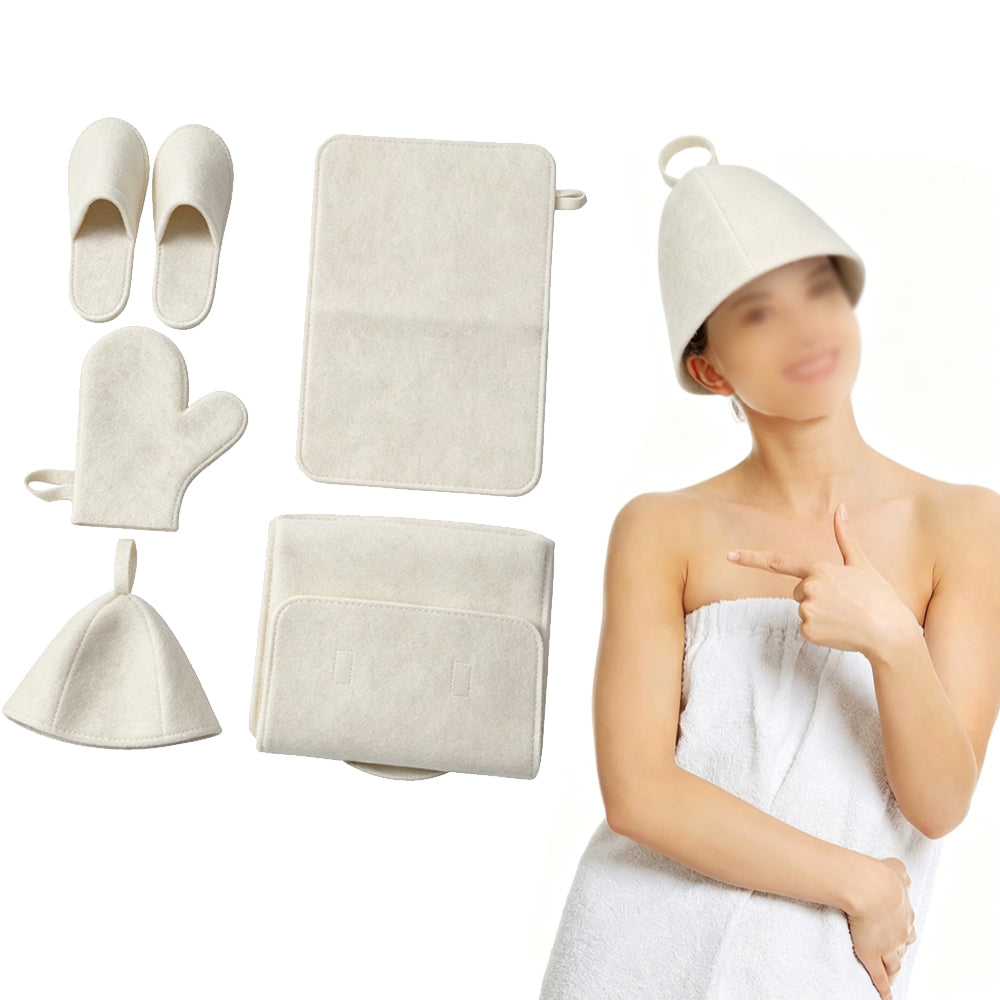 5Pcs Sauna Felt Kit with Hat and Gloves-White