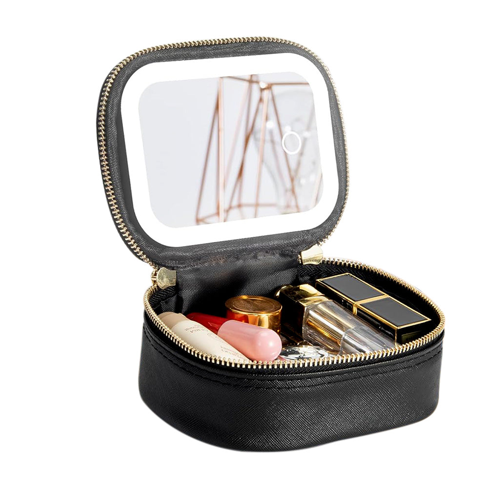 Compact Makeup Bag Travel Case with Mirror and Adjustable Light Stylish for Travel Black