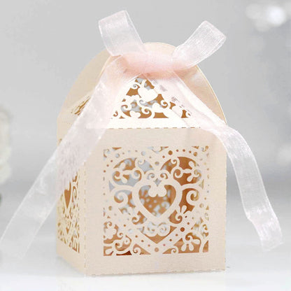 50 Pack Laser Cut Pearl Paper Candy Favor Boxes with Ribbons - Beige