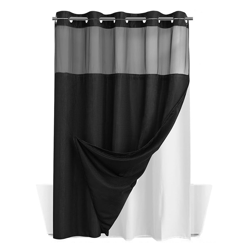No Hook Shower Curtain with Snap in Fabric Liner Set Waffle Textured Shower Curtain for Bathroom Black