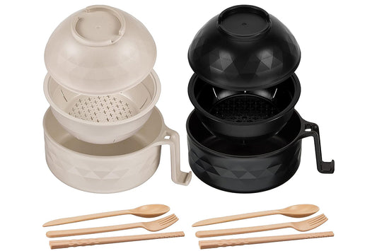 12Pcs Quick Microwave Ramen Bowl Cooker Set with Phone Holder Handle Ramen Noodle Cooker with Spoon Chopsticks Fork-Black and Grey