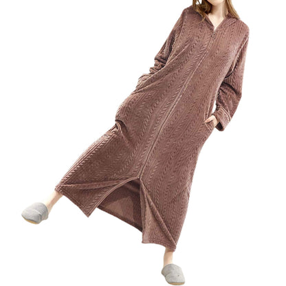 Unisex Bathrobe Fleece Robes Winter Warm Nightgown Sleepwear Pyjamas-Coffee