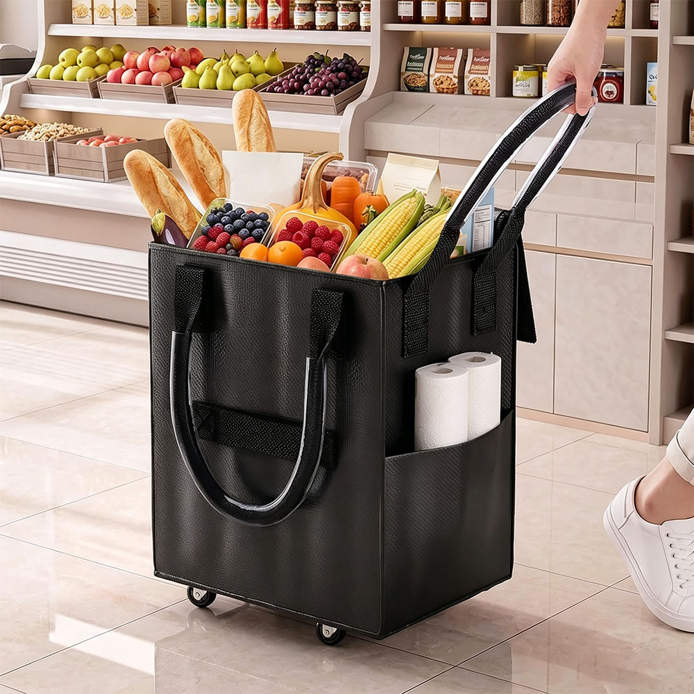 Reusable Grocery Bag Foldable Rolling Shopping Tote Bag - Black