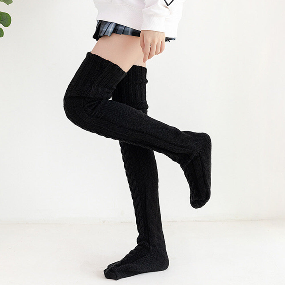 Women's Knitted Over Knee Socks Thick and Warm Long Stockings-Black