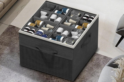 Shoe Organizer Foldable Shoe Storage Containers with Dividers and Lid-Blakc