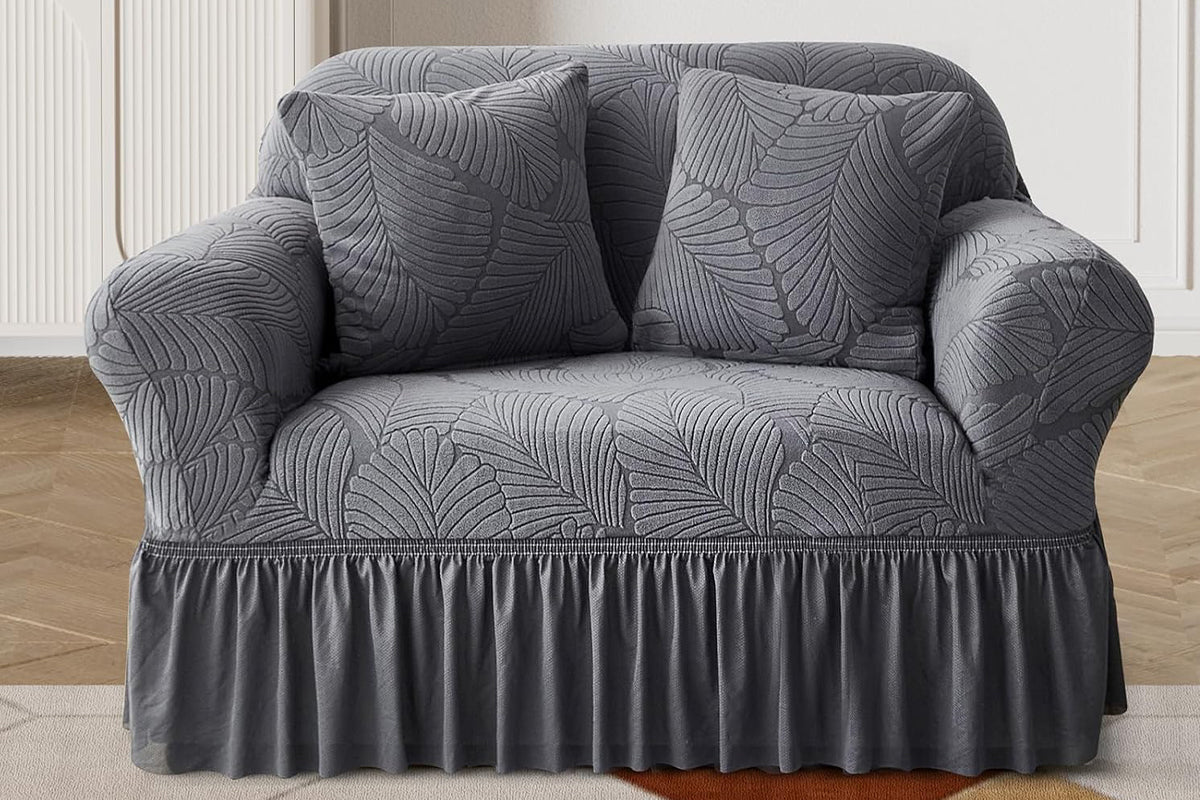 Sofa Cover with Skirt Stretch Sofa Slipcover Non-Slip Soft Couch Cover -Dark Grey