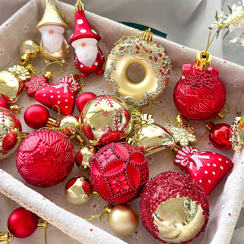 60 Piece Christmas Donut Santa Gnome Ball Hanging Ornament Set - Red