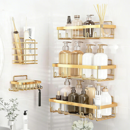 5Pcs Shower Caddy Adhesive Bathroom Wall Organizer Rack-Gold