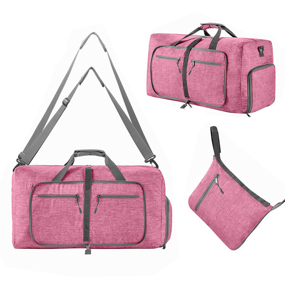 Large Foldable Travel Duffel Bag Carry-On Shoulder Bag with Shoe Compartment Pink