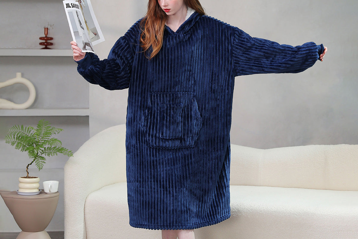 Wearable Blanket Sweatshirt for Women and Men Thick Flannel Hooded Sweatshirt Loungewear -Navy