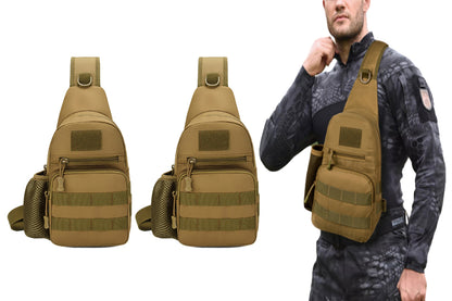 2Pcs Tactical Sling Bag Pack With Water Bottle Holder Shoulder Messenger Bag-Brown