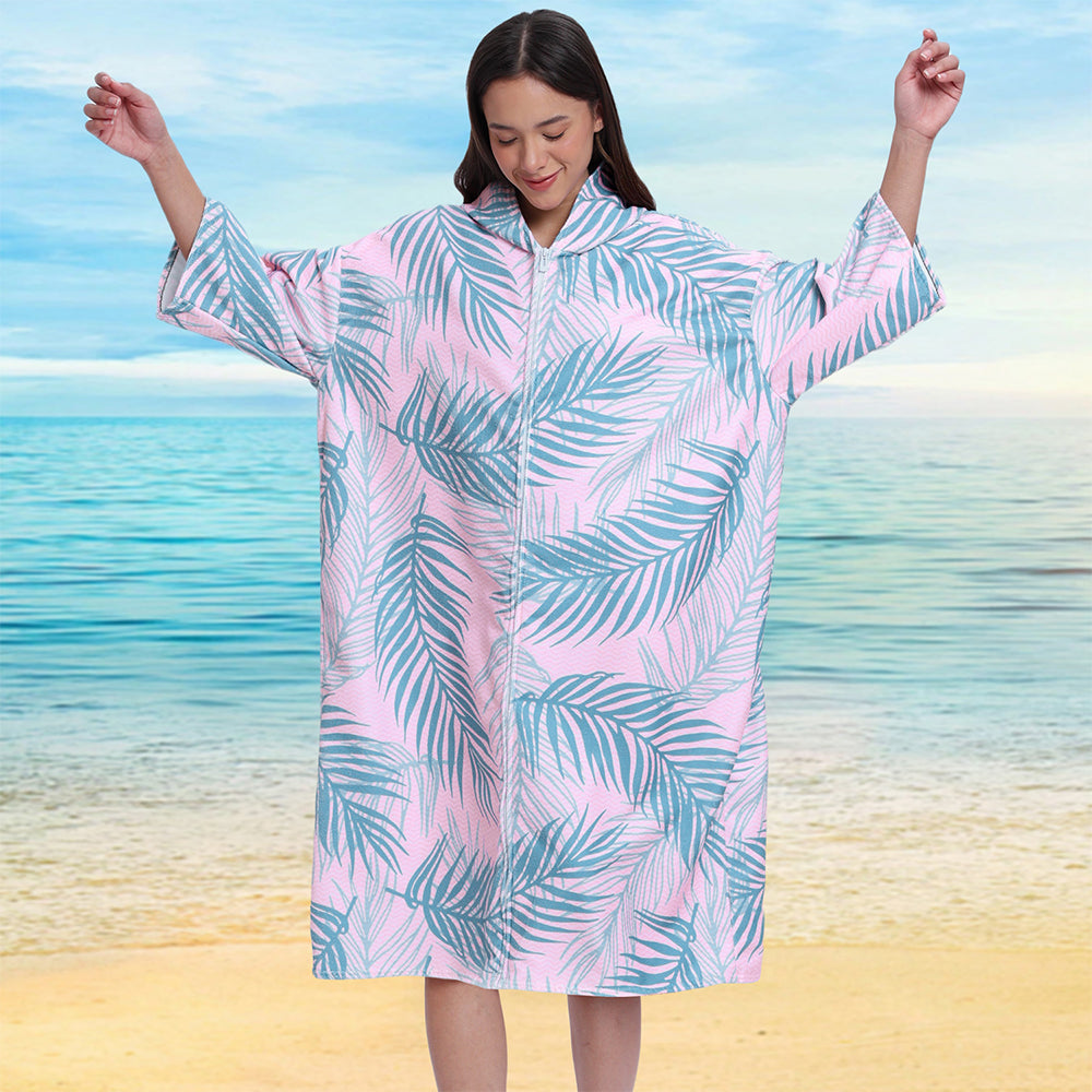Unisex Hooded Towel Poncho Swim Parka for Adults - Pink Leaf