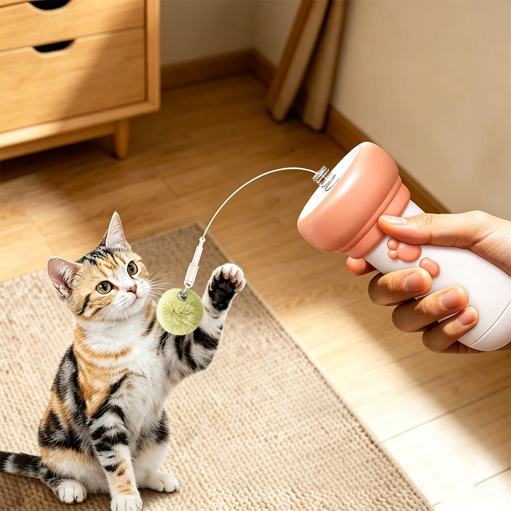 Cat Teaser Launcher with Retractable Cord and 2 Plush Balls - Pink