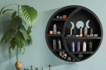 Wooden Shelf Halloween Crystal Display Shelf Decor-Round Moon
