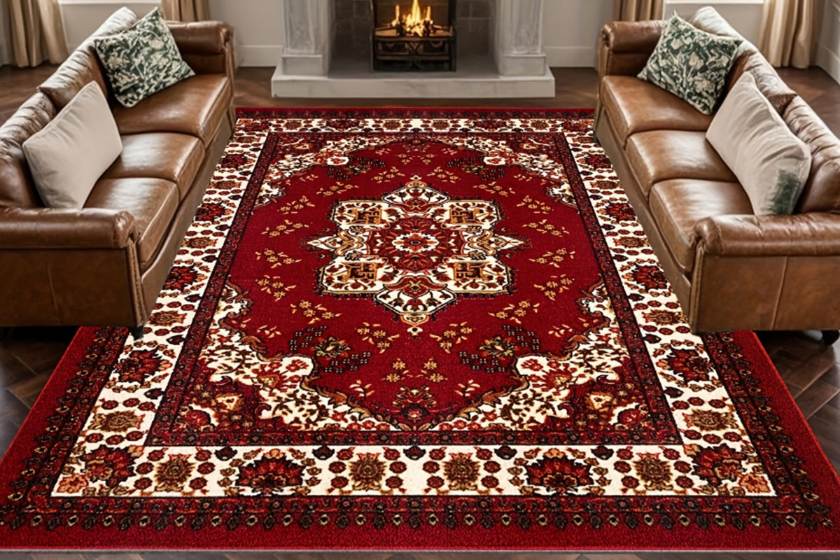 Vintage Boho Rug Non-Slip Floor Carpet - Red