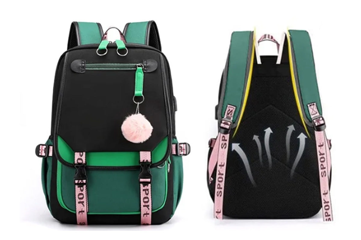 Girls Backpack Middle School Students Bookbag with USB Charge Port-Green