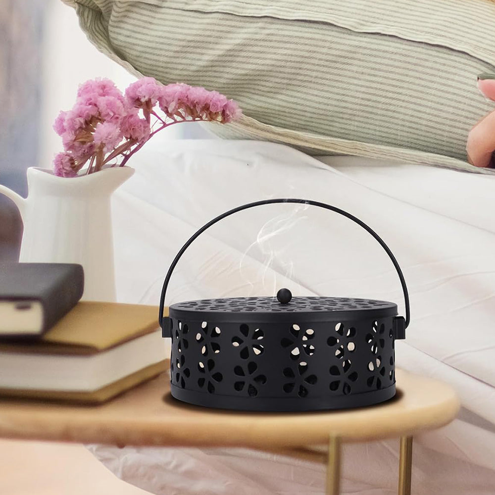 Metal Mosquito Coil Holder with Lid Portable Hanging Incense Burner Box Black