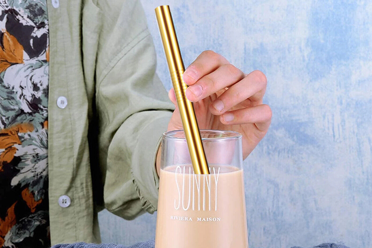 7Pcs BOBA Bubble Tea Straw Extra Wide Stainless Steel Metal Reusable Straws Pack Reusable Metal Straws Best For Drinking Bubble-Gold