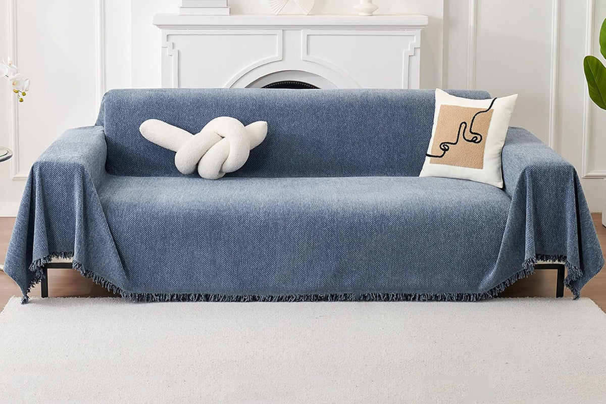 Herringbone Tassel Sofa Throw Cover Large Blanket - Blue