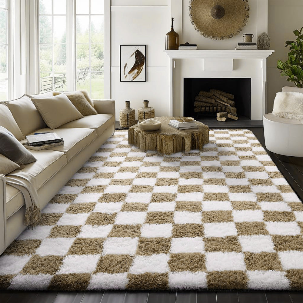 Checkered Plush Shaggy Rug Thickened Non Slip Carpet for Living Room Bedroom-Khaki