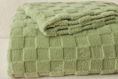 Soft Fleece Throw Blanket Checkered Jacquard Throw Blanket for Couch Bed-Green
