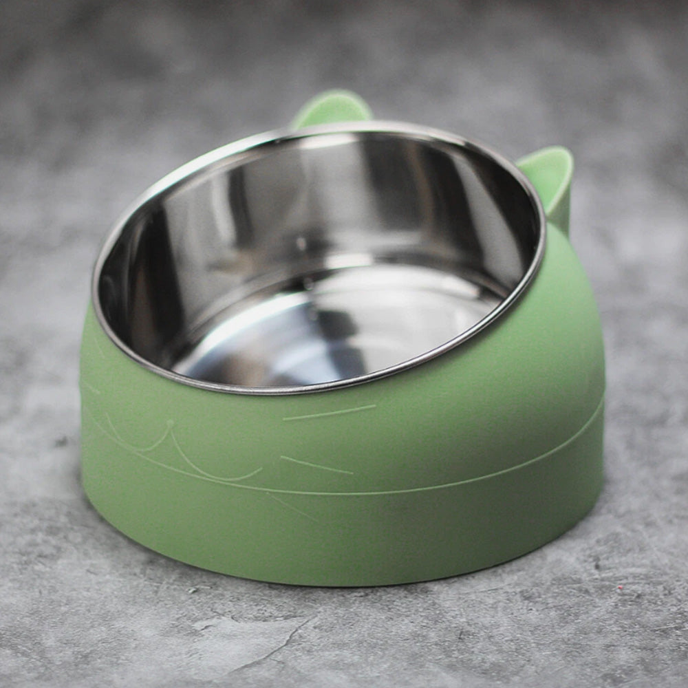 400ml Stainless Steel Tilted Pet Bowl Non-Slip Raised Feeder for Cats and Dogs-Green