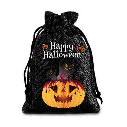 12 Pack Halloween Burlap Drawstring Gift Bags with Pumpkin Ghost Designs - Black