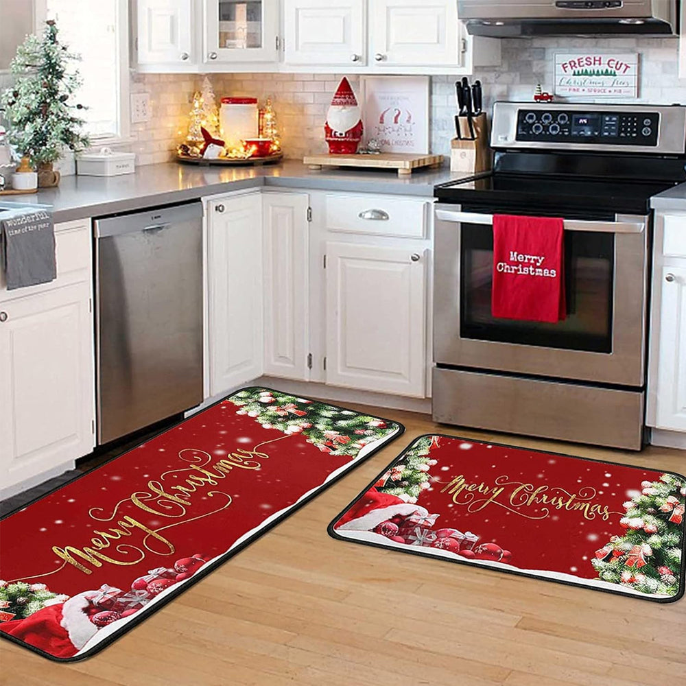2Pcs Set Christmas Floor Mats Non-Slip Kitchen Mats Xmas Doormats Style 1
