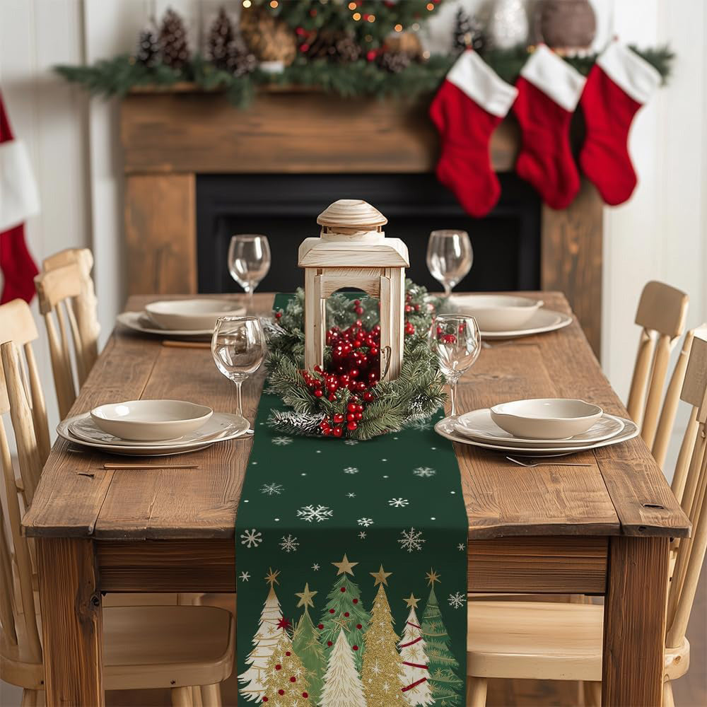 Christmas Table Runner with Xmas Trees Festive Tablecloth Cover for Kitchen Dinner Party Green