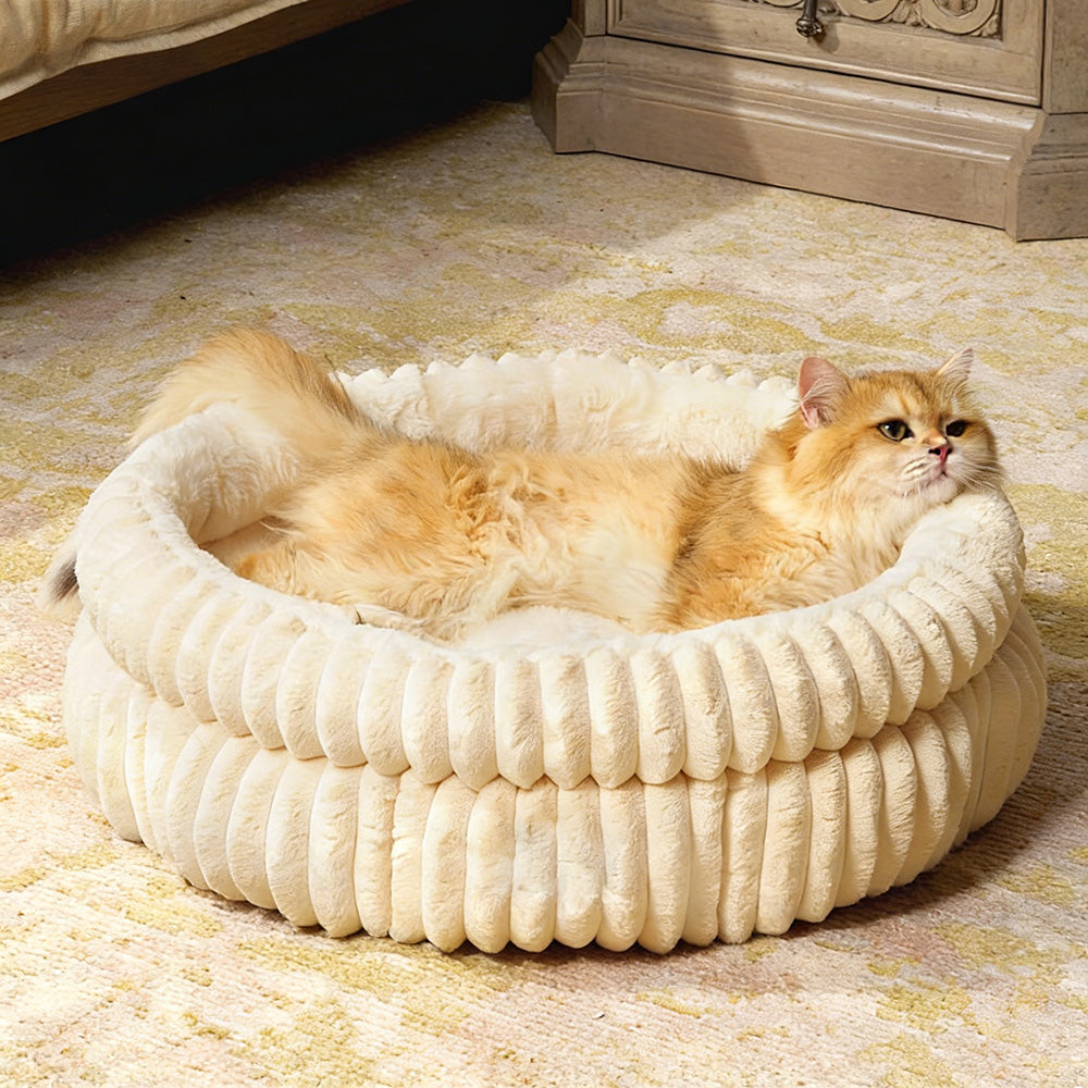 Donut Plush Pet Dog Cat Bed Fluffy Soft Warm Nest for Indoor Cats Small Dogs-Beige