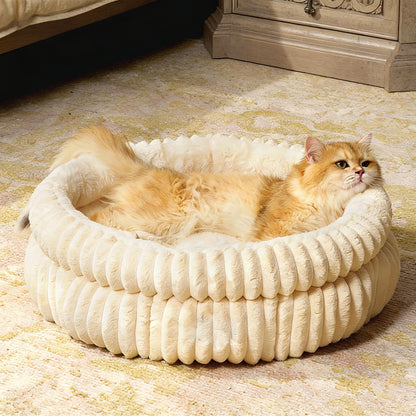 Donut Plush Pet Dog Cat Bed Fluffy Soft Warm Nest for Indoor Cats Small Dogs-Beige