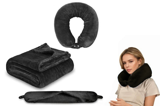 2 in 1 Travel Blanket and Pillow Flannel Blanket with Neck Pillow Case for Airplane Camping-Navy