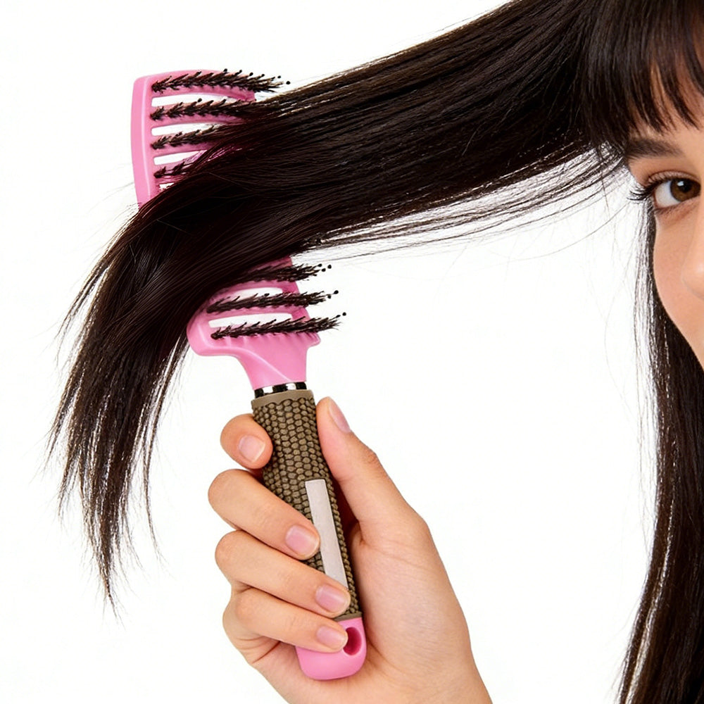 Detangle Nylon Boar Bristle Brush Head Scalp Massage Comb For Fine Hair-Pink