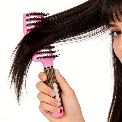 Detangle Nylon Boar Bristle Brush Head Scalp Massage Comb For Fine Hair-Pink